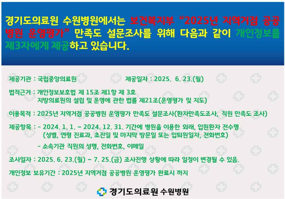 2025년 지역거점 공공병원 운영평가 만족도 설문조사를 위해 개정정보 제공